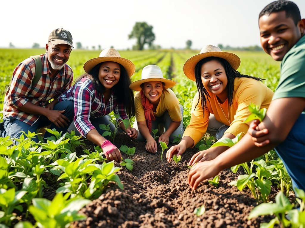 A group of people discuss a farm fundraising strategy around a table with a map and a whiteboard that reads 'FARM FUNDRAISING STRATEGY'.
