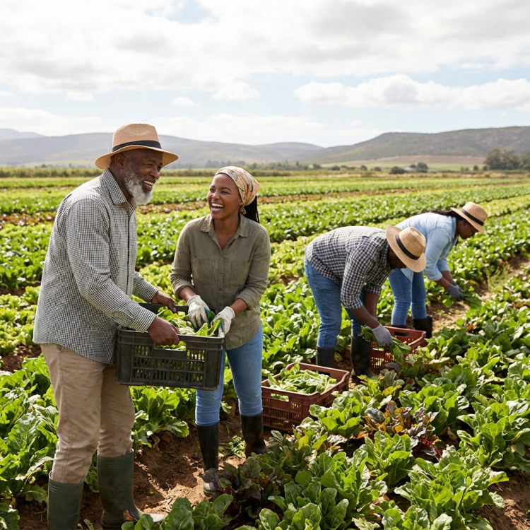 A group of African American farmers laughing and harvesting leafy green vegetables in a sunny field.